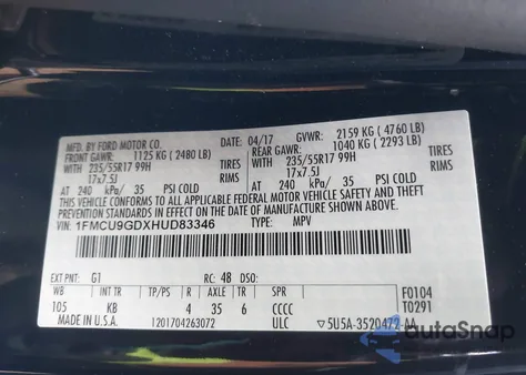 2017 Ford Escape Se из США, поврежденный, VIN 1FMCU9GDXHUD83346